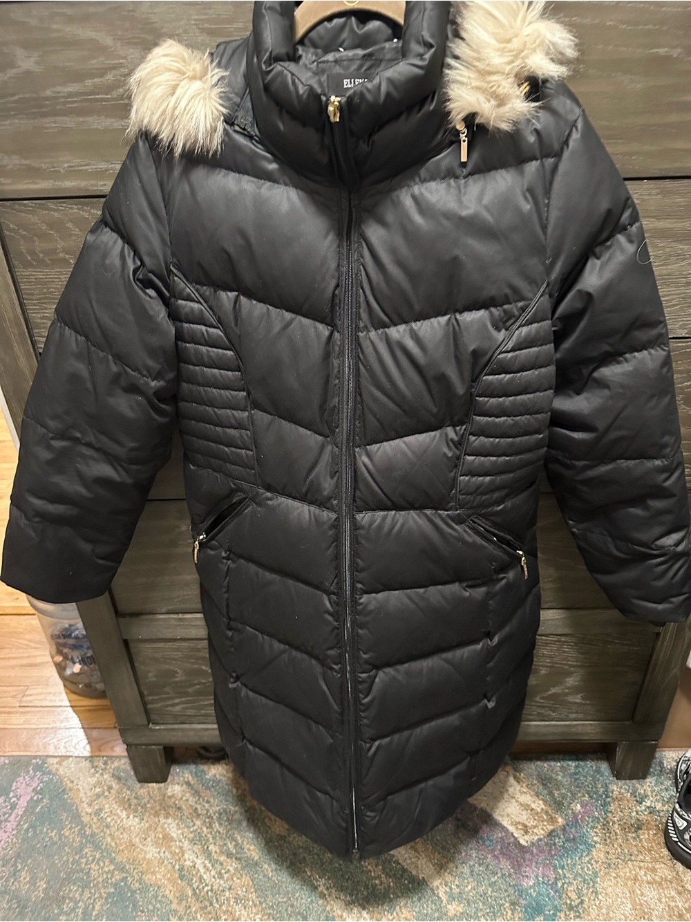 Ellen Tracy Black Quilted Puffer Coat with Faux-Fur Trim